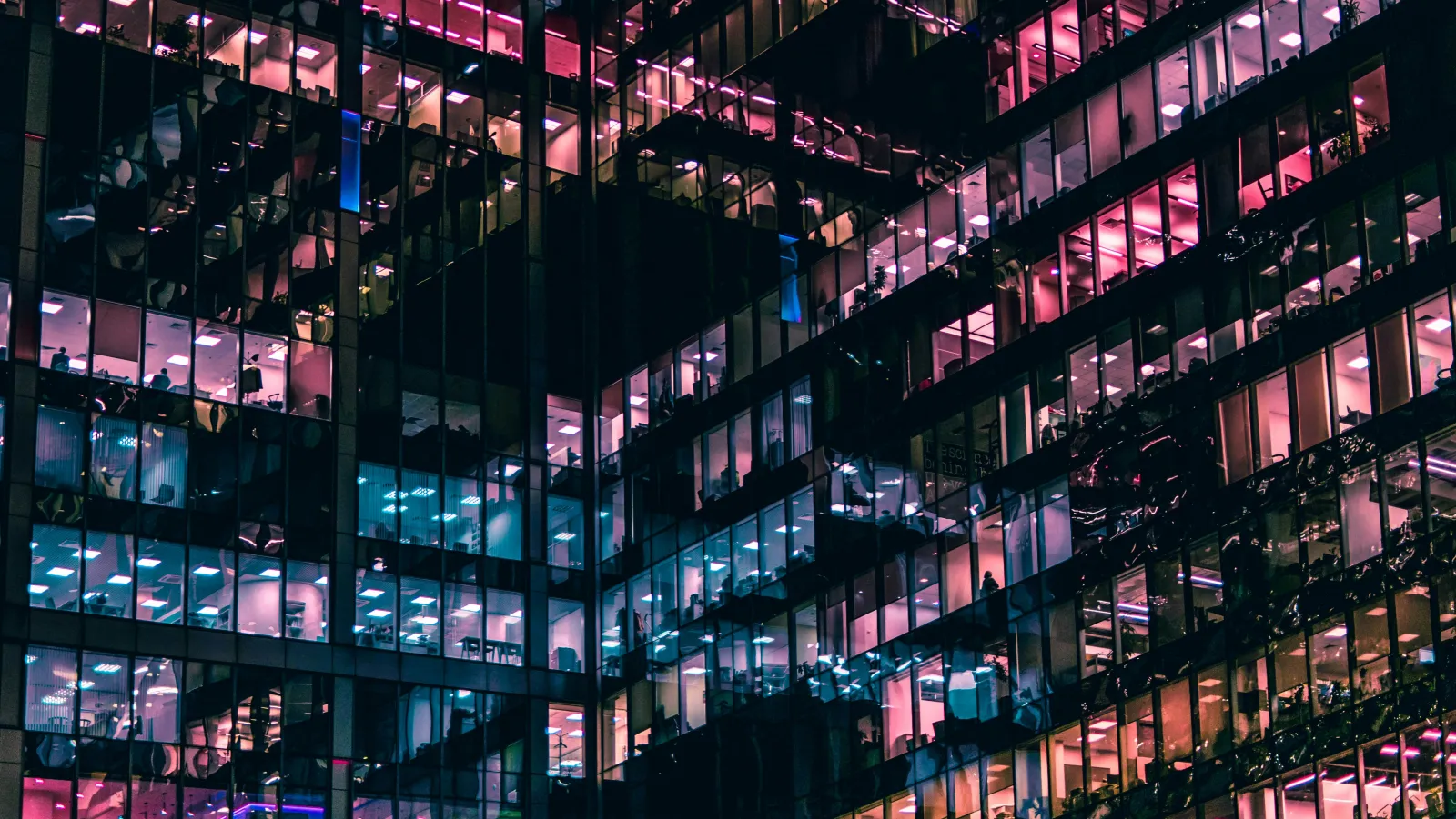 Office towers at night, their windows lit against the dark.